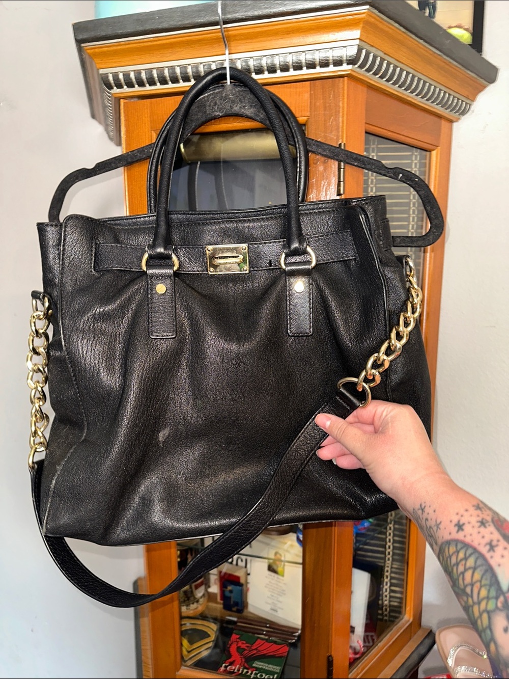 MICHAEL Michael Kors Black Leather Tote with Gold Chain Detail